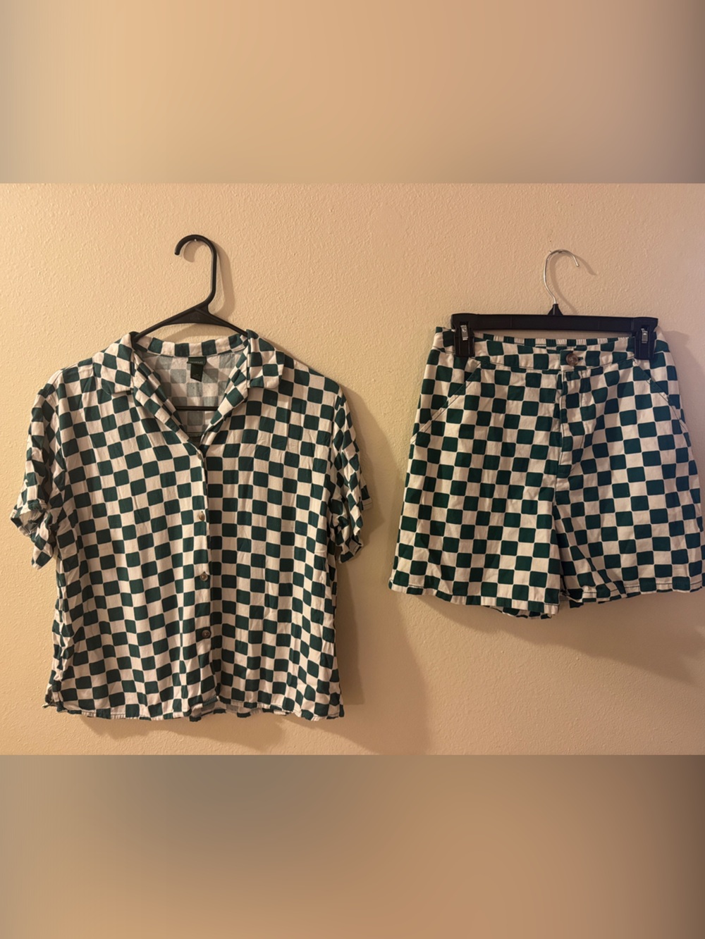 wild fable Green and White Checkerboard Short Sleeve Button Shirt + Shorts Set